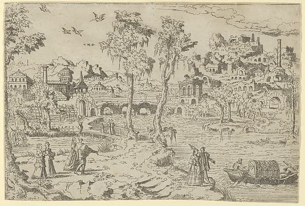 Landscape with ruins, courtiers, and a gondola