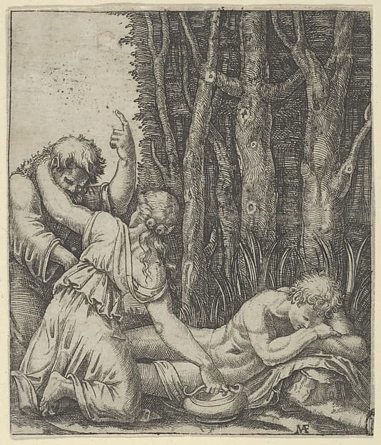 Man sleeping at the edge of a wood with a woman knealing at his side with one hand on a pot and the other on the shoulder of an old man who gestures with left hand towards the sky