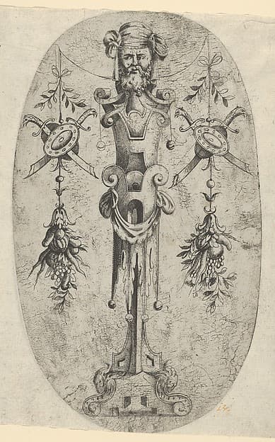 Male Terminal Figure; Head with Beard and Turban on a Three-Quarter Strapwork Pedestal