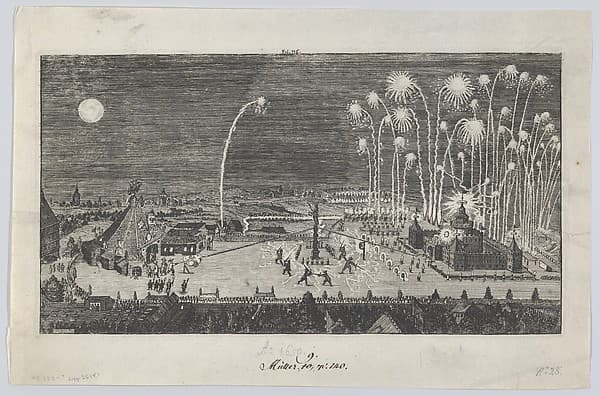 Fireworks display celebrating the end of the Thirty Years War, Nuremberg, 1650