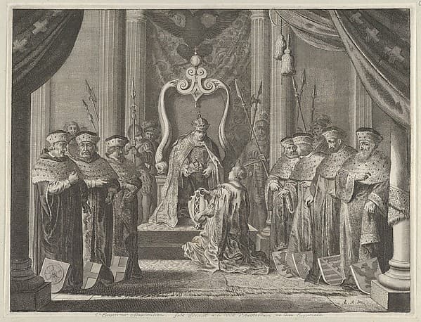 Plate 8: Emperor Maximilian II granting a crown to the coat of arms of Amsterdam, from Caspar Barlaeus, "Medicea Hospes"
