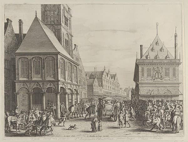 City magistrates taking leave of Marie de Medici before the town hall, from Caspar Barlaeus, "Medicea Hospes"