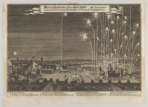 Fireworks display celebrating the end of the Thirty Years War, Nuremberg, 1650