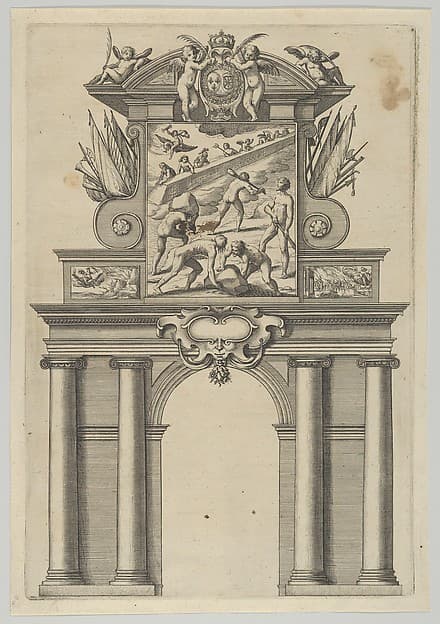 Triumphal arch, from 'Éloges et discours sur la triomphante réception du Roy en sa ville de Paris ...' by Jean-Baptiste de Machault