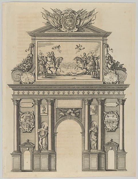 Triumphal arch, from 'Éloges et discours sur la triomphante réception du Roy en sa ville de Paris ...' by Jean-Baptiste de Machault