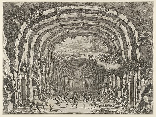 Design for a theater set created by Giacomo Torelli da Fano for the ballet 'Les Noces de Thétis', from 'Décorations et machines aprestées aux nopces de Tétis, Ballet Royal'