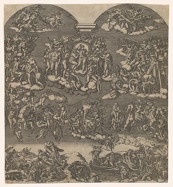 The Last Judgment, Christ at top center surrounded by many figures, below figures sound trumpets and people are being forced from the boat into hell