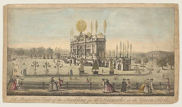 A Perspective View of the Building for the Fireworks in the Green Park taken from the Reservoir, London, 1814