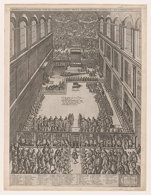 Speculum Romanae Magnificentiae: A Papal Gathering in the Sistine Chapel, Michelangelo's Last Judgement on the back wall; the crowd looks on through a screen