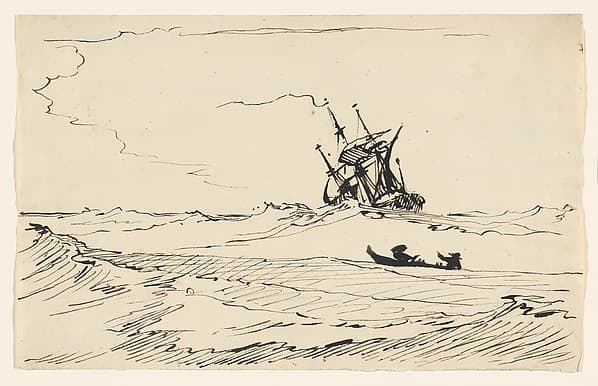A Storm at Sea with a Large Ship and a Small Boat with Two Figures