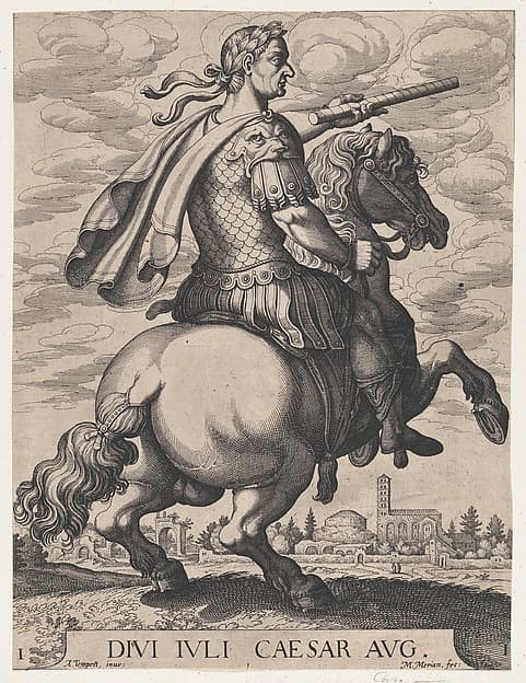 Plate 1: Emperor Julius Caesar on Horseback, from ' The First Twelve Roman Caesars', after Tempesta