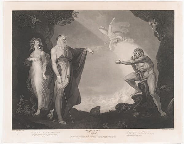 The Enchanted Island Before the Cell of Prospero - Prospero, Miranda, Caliban and Ariel (Shakespeare, The Tempest, Act 1, Scene 2)