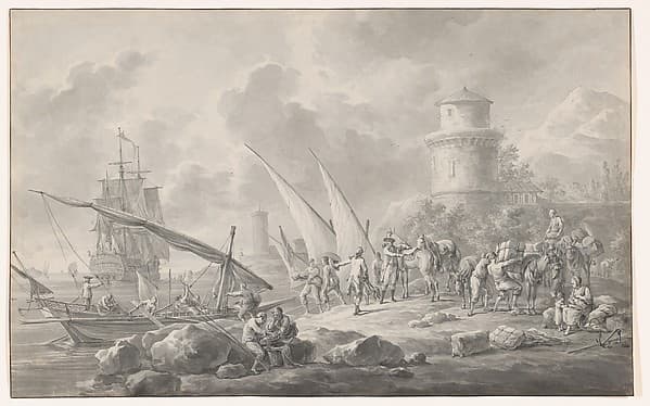 Soldiers Loading Barges for a Large Sailing Ship Along the Coast