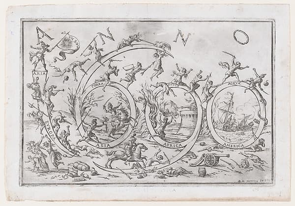 'Anno 1690' (the Year 1690), with numerous warring figures clambering on and hanging from the numbers, allusions to the Allegories of the Four Elements and the Four Continents