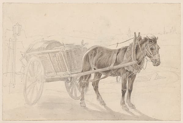 A Cart Drawn by a Brown Horse Near a Lamp Pole; Verso: A Group of Mounted Officers