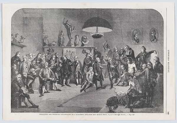 Portraits des premiers fondateurs de l'Académie Anglaise des Beaux-Arts (Portraits of the founding members of the Royal Academy of Arts, London), from "L'Univers Illustré"