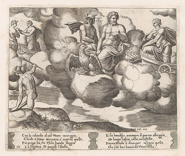 Plate 18: Venus in her dove-drawn chariot complaining to Jupiter, who is accompanied by Mercury and an eagle, at left Mercury has descended to earth, from "The Story of Cupid and Psyche as told by Apuleius"