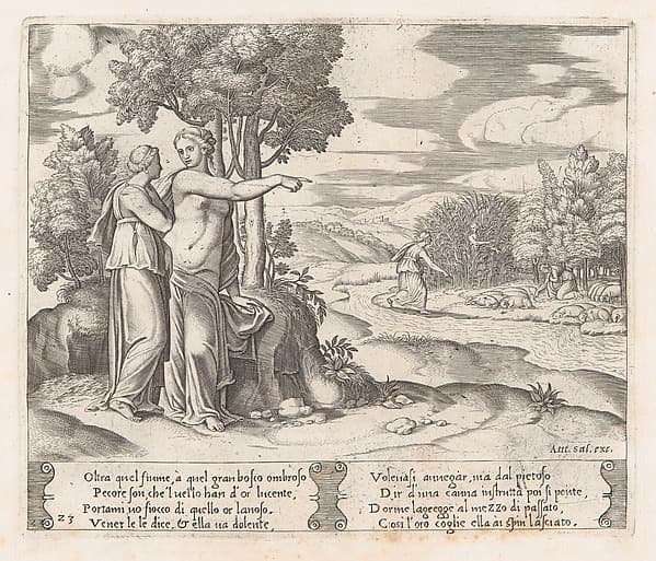 Plate 23: Psyche on the order of Venus departing to find the golden fleece, from "The Story of Cupid and Psyche as told by Apuleius"