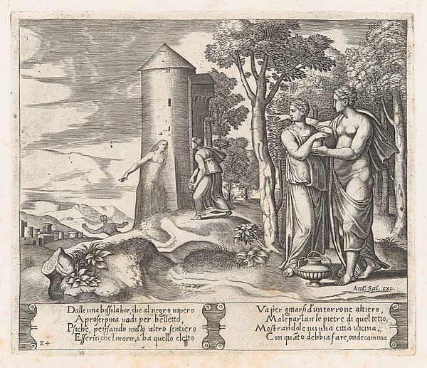 Plate 24: Venus and Psyche standing at right, pointing to the underworld at center, into which Psyche enters, from "The Story of Cupid and Psyche as told by Apuleius"