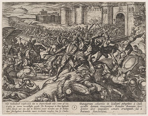 Plate 9: The Romans Defeated by the Dutch Troops at Bonna, from The War of the Romans Against the Batavians (Romanorvm et Batavorvm societas)