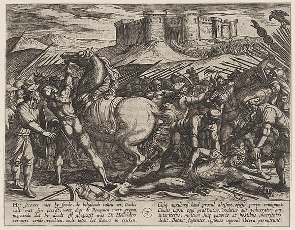 Plate 17: The Romans Misled by Civilis' Horse to Believe that He was Dead or Injured, from The War of the Romans Against the Batavians (Romanorvm et Batavorvm societas)