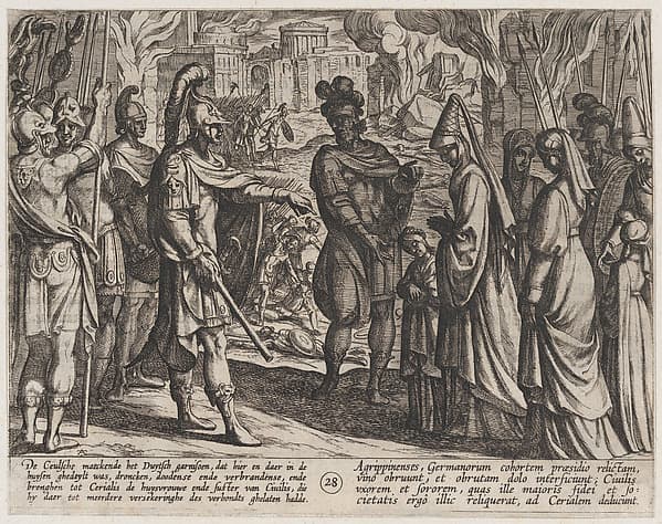 Plate 28: Cologne Troops Bring Civilis' Wife and Sister to Cerialis, from The War of the Romans Against the Batavians (Romanorvm et Batavorvm societas)