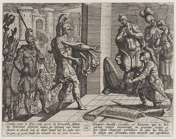 Plate 26: Cerialis Pardons and Relieves Roman Soldiers who had Helped Civilis, from The War of the Romans Against the Batavians (Romanorvm et Batavorvm societas)