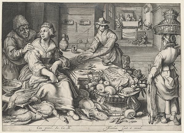 Kitchen Scene with a Maid Drawing Poultry, the Parable of the Rich Man and the Poor Lazarus, from Kitchen and Market Scenes with Biblical Scenes in the Background