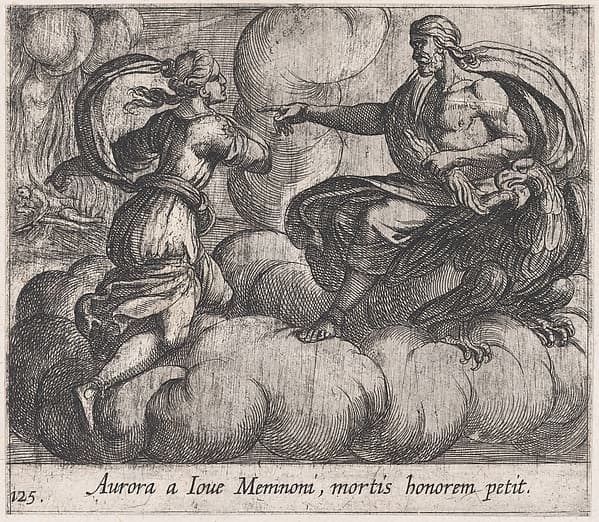 Plate 125: Aurora Asking Jupiter to Honor Memnon (Aurora a Iove Memnoni, mortis honorem petit), from Ovid's 'Metamorphoses'