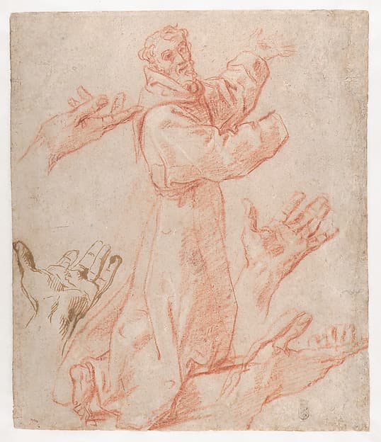 Studies for a Figure of Saint Francis Kneeling in a Three-Quarter View and for His Hands (recto); Studies for a Figure of Saint Francis Kneeling in Profile (verso)