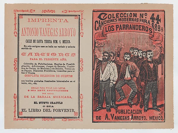 Cover for 'Canciones Modernas para 1898: Los Parranderos', group of men holding a banner and singing