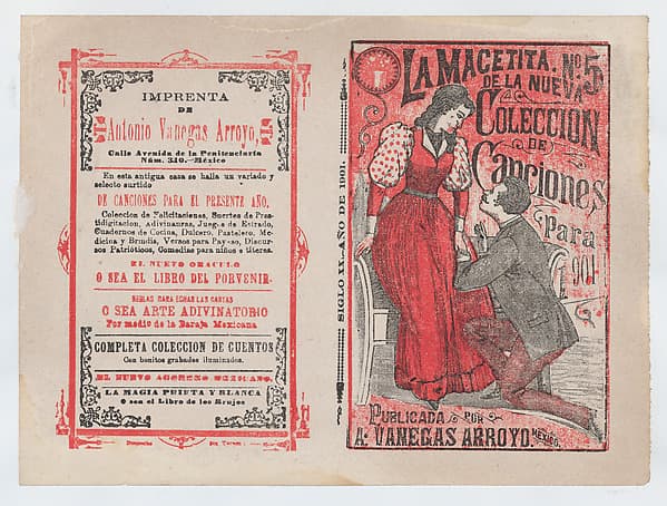 Front and back covers printed on the same sheet for a collection of songs for the year 1901 (number 5), a man on his knees before a woman