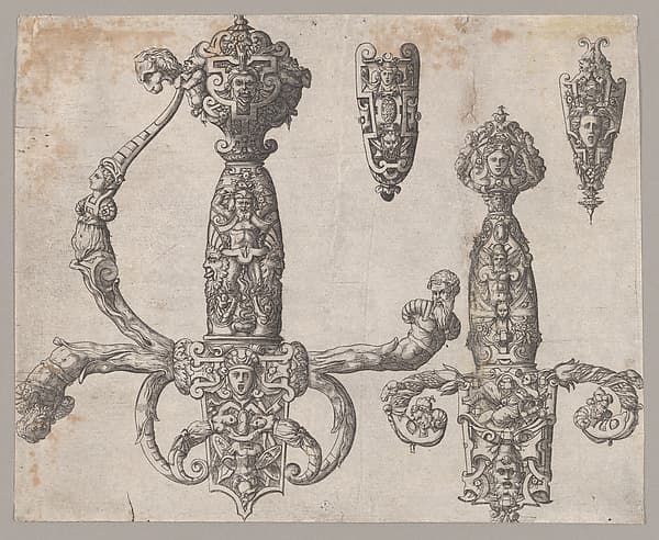 Sheet with Four Designs for Relief Decorations on Arms: Two Large Hilts for a Sword and a Dagger, and the Ornaments for the Tips of the Sheaths
