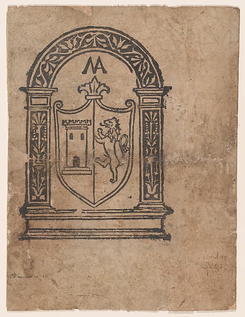 Book illustration or more likely a trademark with a coat of arms featuring a lion and a tower set within an arch