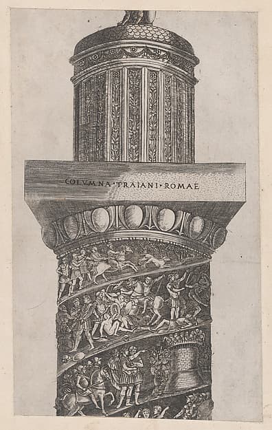 Speculum Romanae Magnificentiae: The upper portion of Trajan's Column, showing arabesque work on the crowning turret