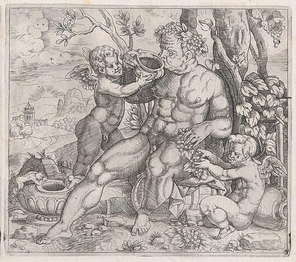Speculum Romanae Magnificentiae: Bacchus, Seated, Drinking from a Vase Presented by a Putto