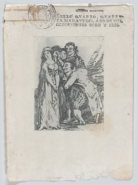 Reproduction in reverse of Goya's Sueño drawing that was preparatory for Plate 14 from Los Caprichos, 'What a sacrifice', a young woman surrounded by a group of men, which includes her fiancé, a rich hunchback