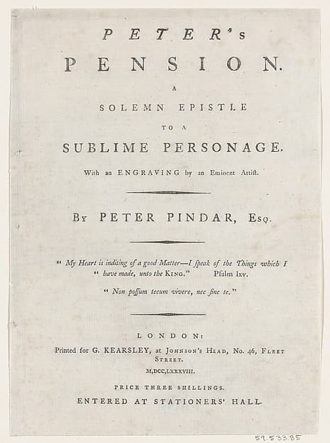 Title page, from Peter's Pension by Peter Pindar, Esq.