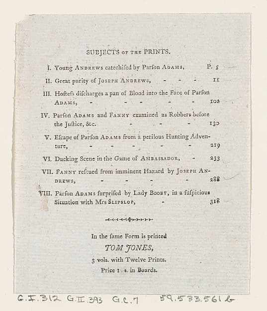 Table of Contents: "The Adventures of Joseph Andrews, and his friend Mr. Abraham Adams"