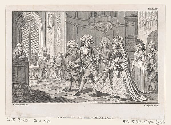 The Wedding of Lismahago and Tabitha, an illustration from Tobias Smollett's "The Expedition of Humphry Clinker" (London, 1793), Vol. 1. 1793