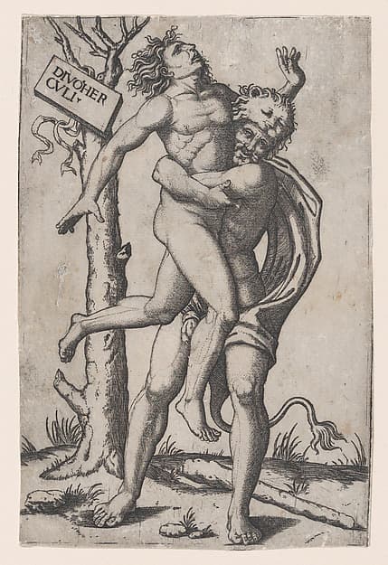 Hercules, grasping Antaeus at the waist with both arms and lifting him off his feet, in background at right the ruins of a temple, at left a group of trees against which are posed a club and the skin of a lion
