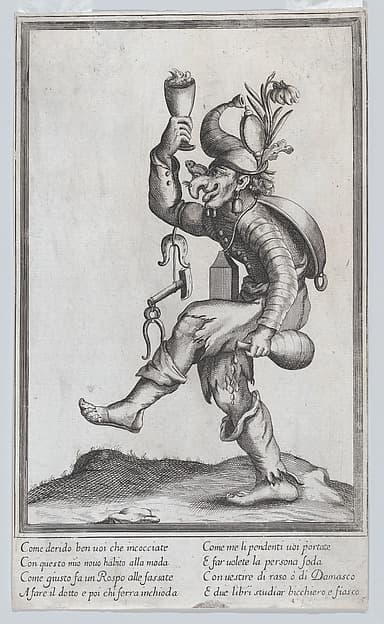 A caricature figure (a carpenter?) with a toad on his nose, carrying various implements walking to the left