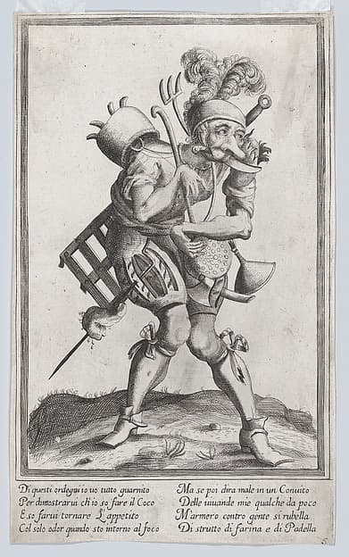 A caricature figure representing a cook loaded with various implements and a knife in his mouth