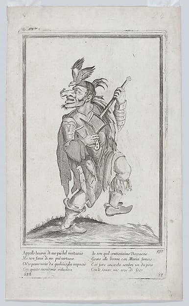 A caricature figure representing a street musician(?) with a mouse (lizard?) on his nose and a bird on his head