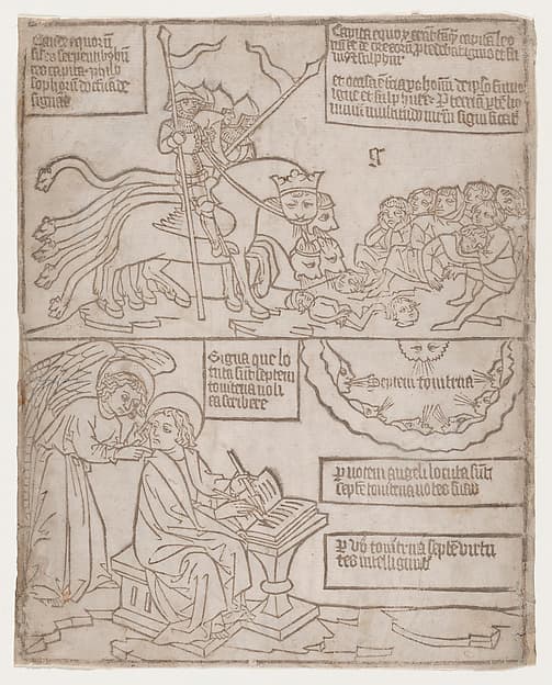 The Angels of the Euphrates Killing Mankind; and The Angel Preventing Saint John from Recording the Words of the Seven Thunders from an Apocalypse blockbook, 2nd edition