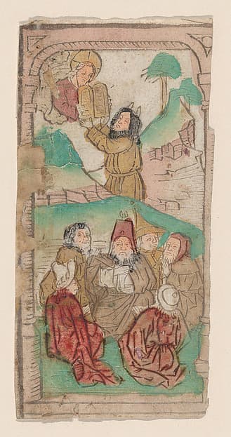 Moses Receiving the Law, illustration from a Biblia Pauperum blockbook, 4th edition