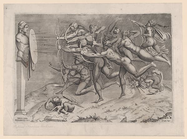 Naked archers shooting at a target attached to a herm, Cupid sleeping below, possibly an allegory related to vice