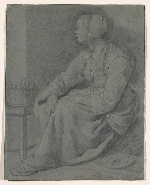 A Woman Seated Near a Basket on a Stool
