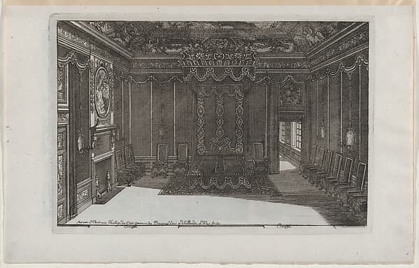 Interior with a Canopy Bed and a Row of Chairs Lining the Walls, from Nouveaux Liure da Partements, part of Œuvres du Sr. D. Marot