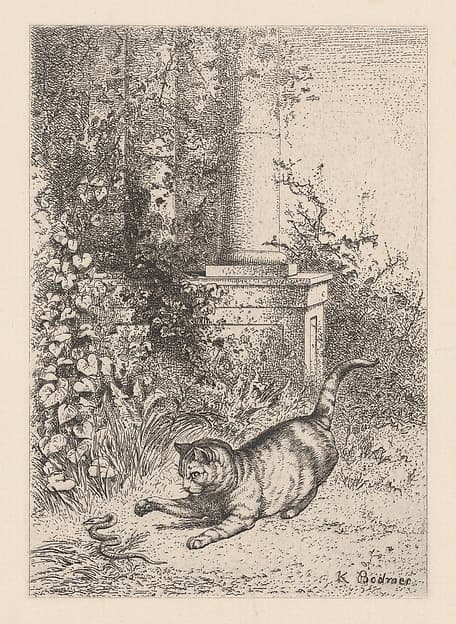 A Domestic Cat Playing with a Garter Snake, from "Eaux-Fortes Animaux & Paysages"